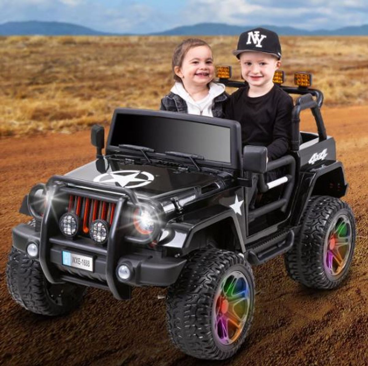 Barnebil Wrangler, 4x4 Jeep, 2-seter - hvit/sort